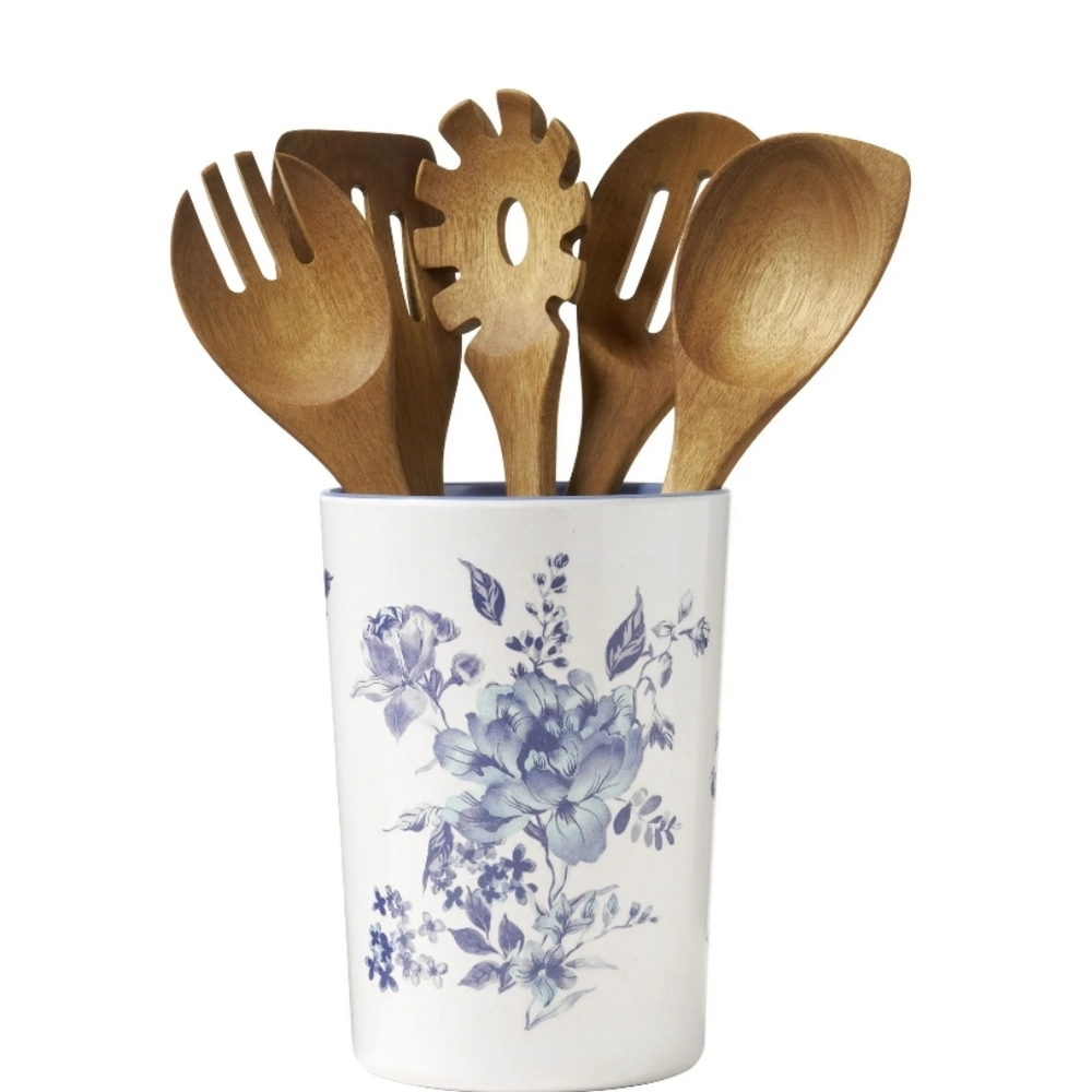 ❤️ New Pioneer Woman Delilah Floral Utensil Holder with Acacia Wooden Ut…